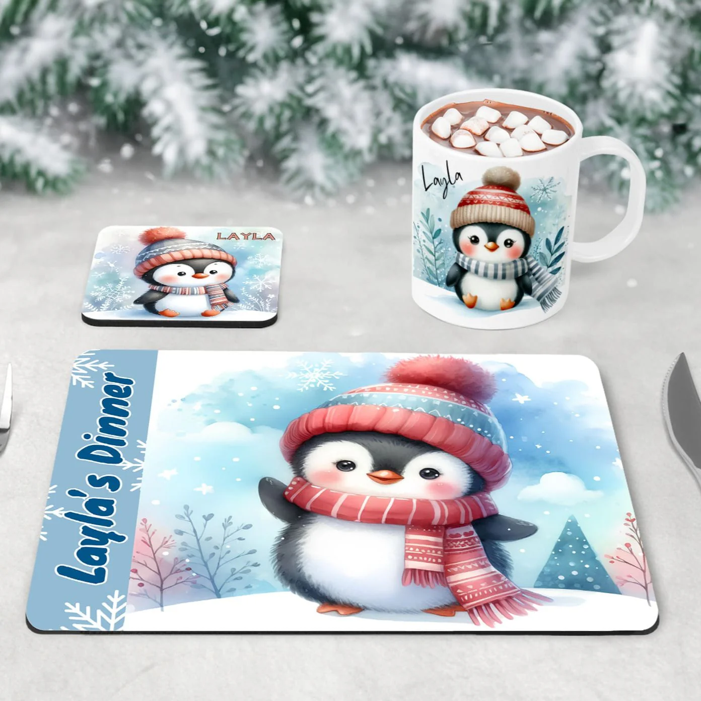 Personalised Kids Christmas Tableware Set – Penguin Placemat, Coaster & Mug