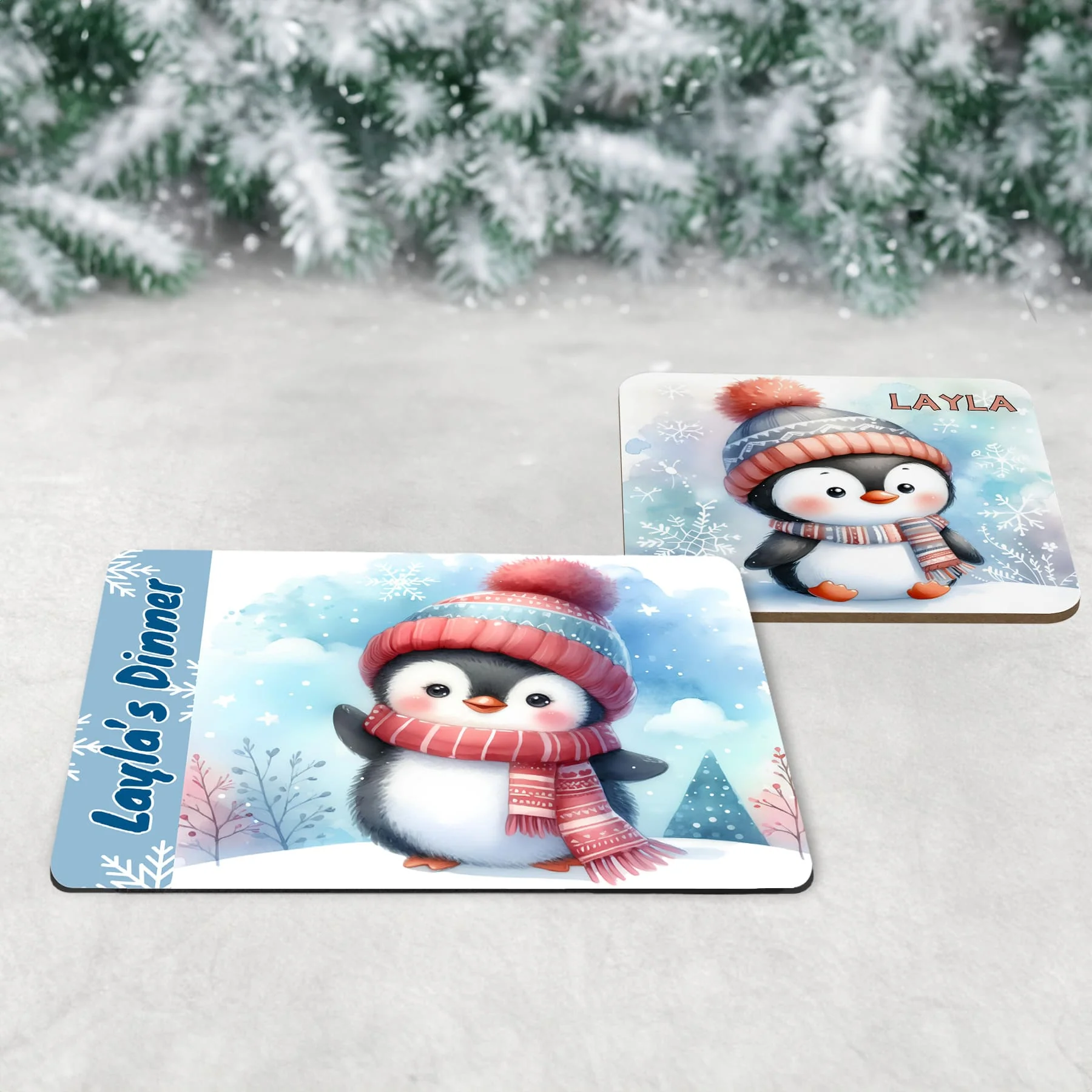 Personalised Kids Christmas Tableware Set – Penguin Placemat, Coaster & Mug - Image 2