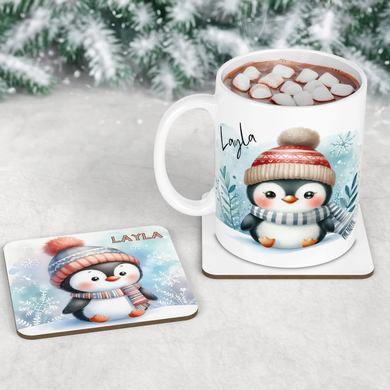 Personalised Kids Christmas Tableware Set – Penguin Placemat, Coaster & Mug - Image 3