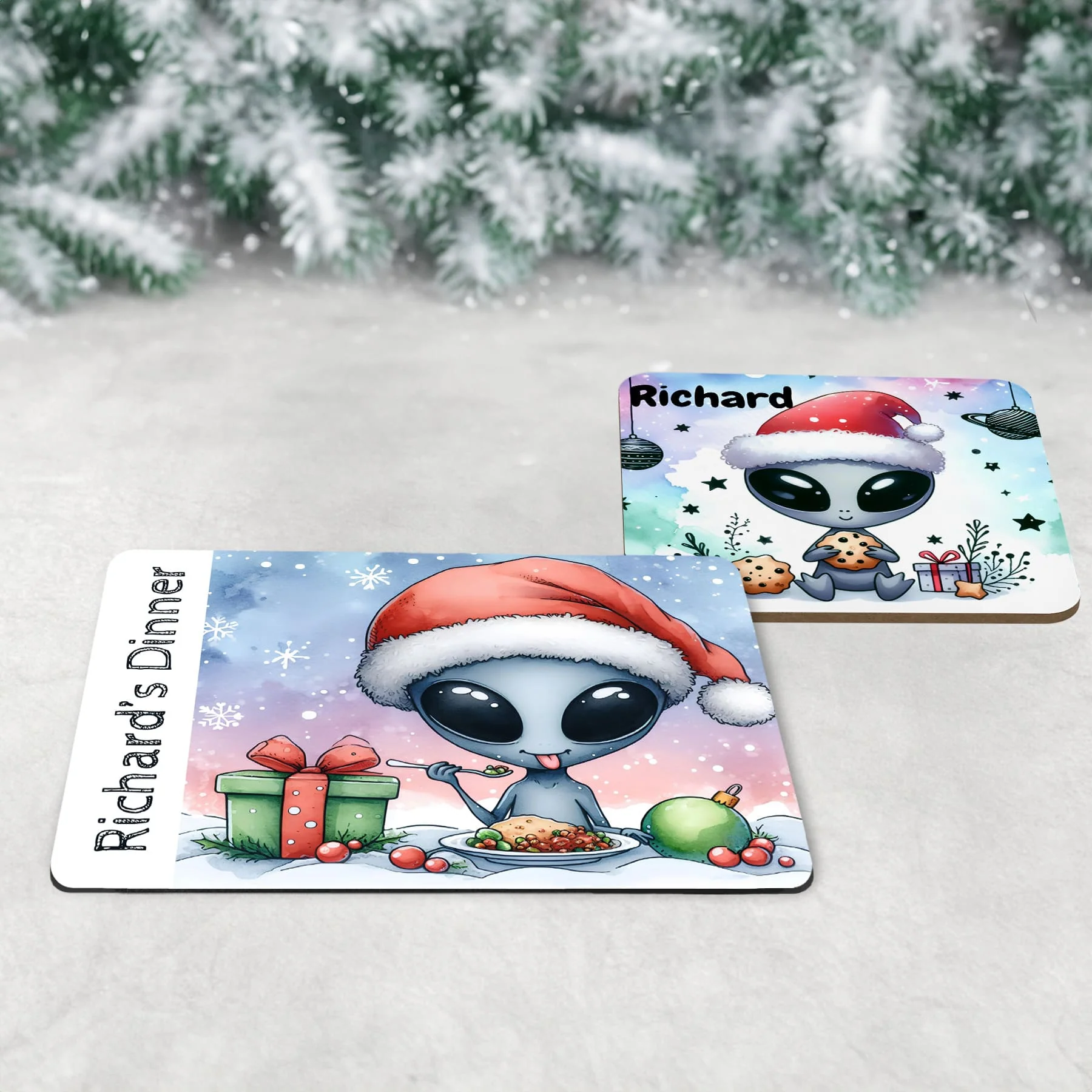 Personalised Kids Christmas Table Set | Christmas Alien Placemat, Coaster & Mug - Image 3