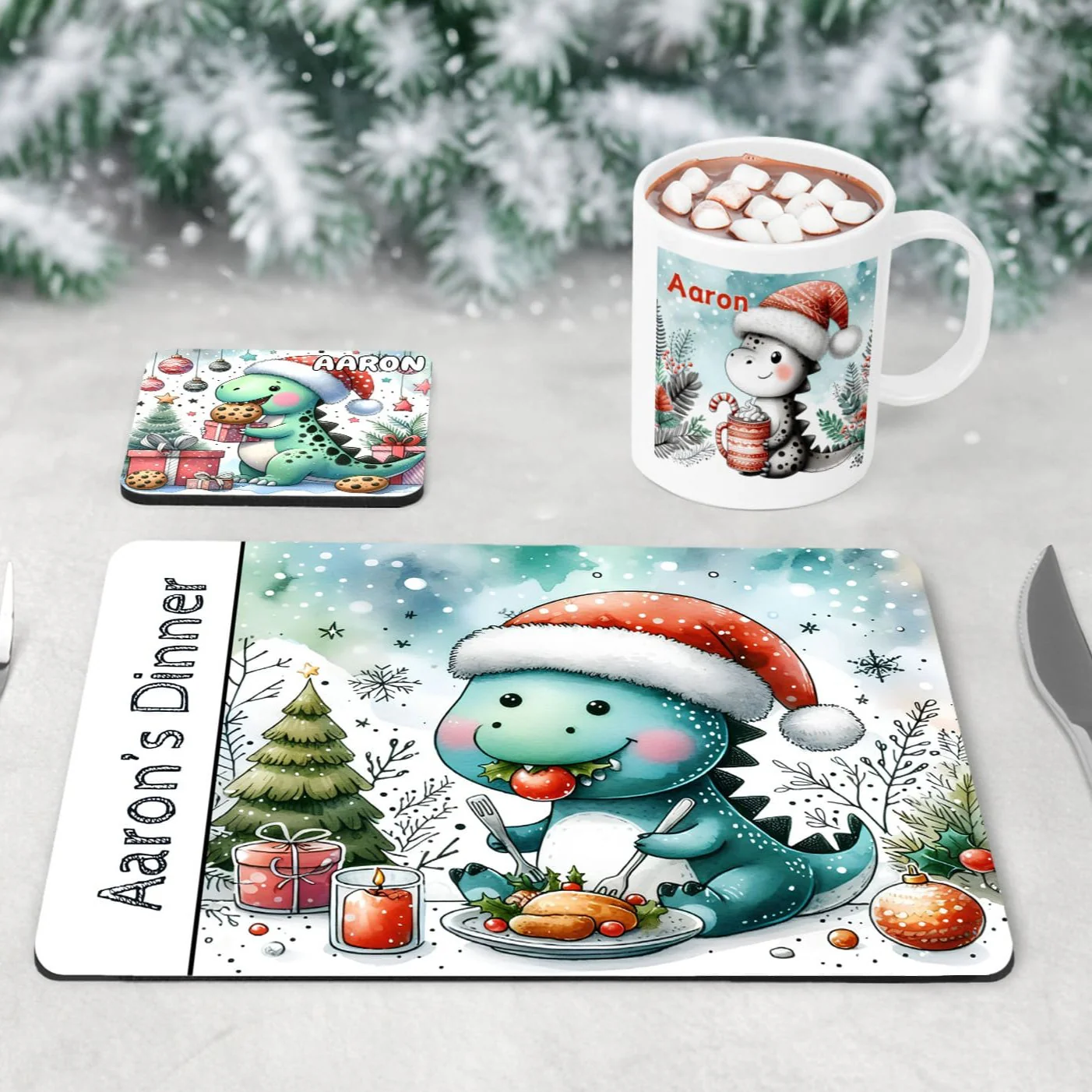 Personalised Kids Christmas Table Set | Christmas Dinosaur Placemat, Coaster & Mug