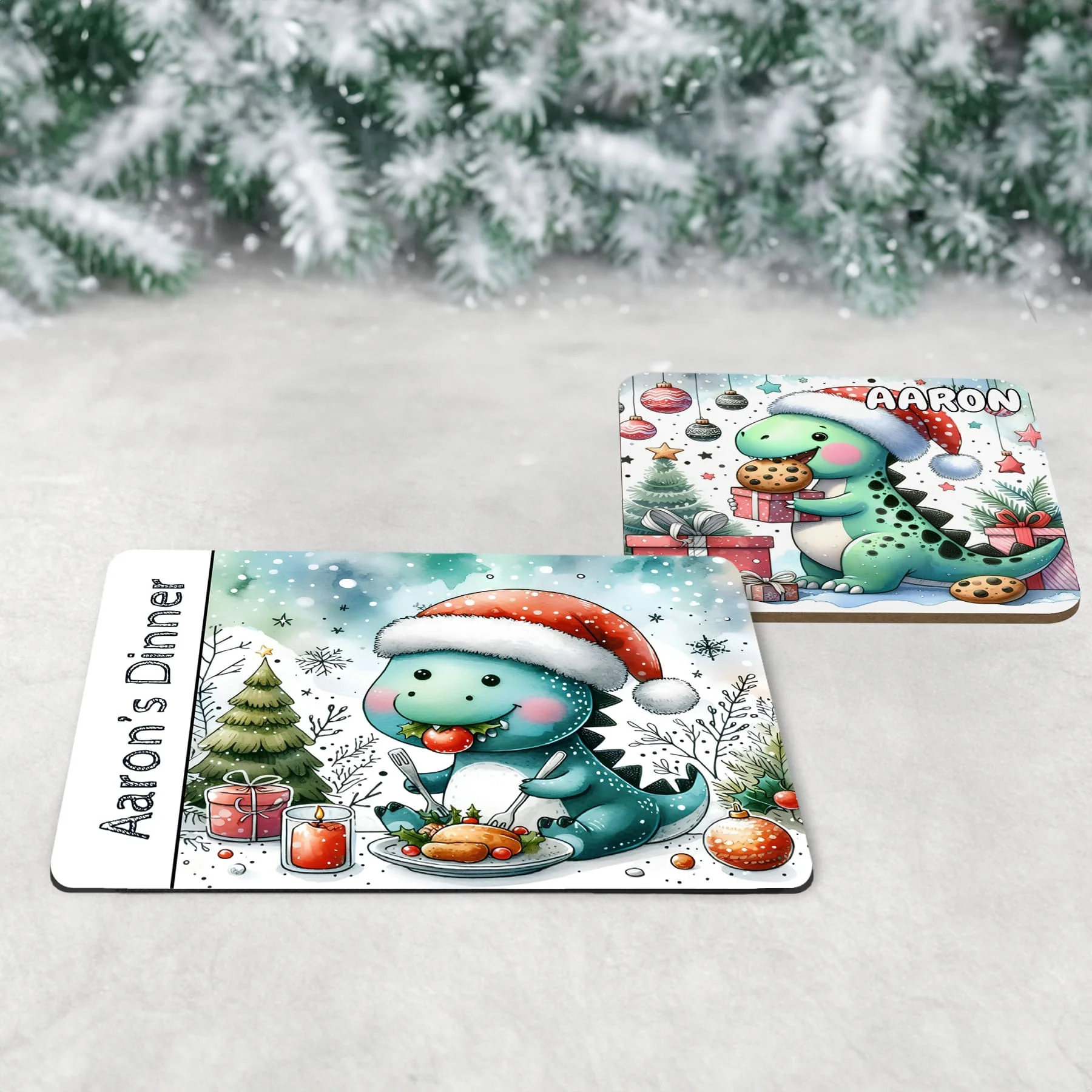 Personalised Kids Christmas Table Set | Christmas Dinosaur Placemat, Coaster & Mug - Image 2