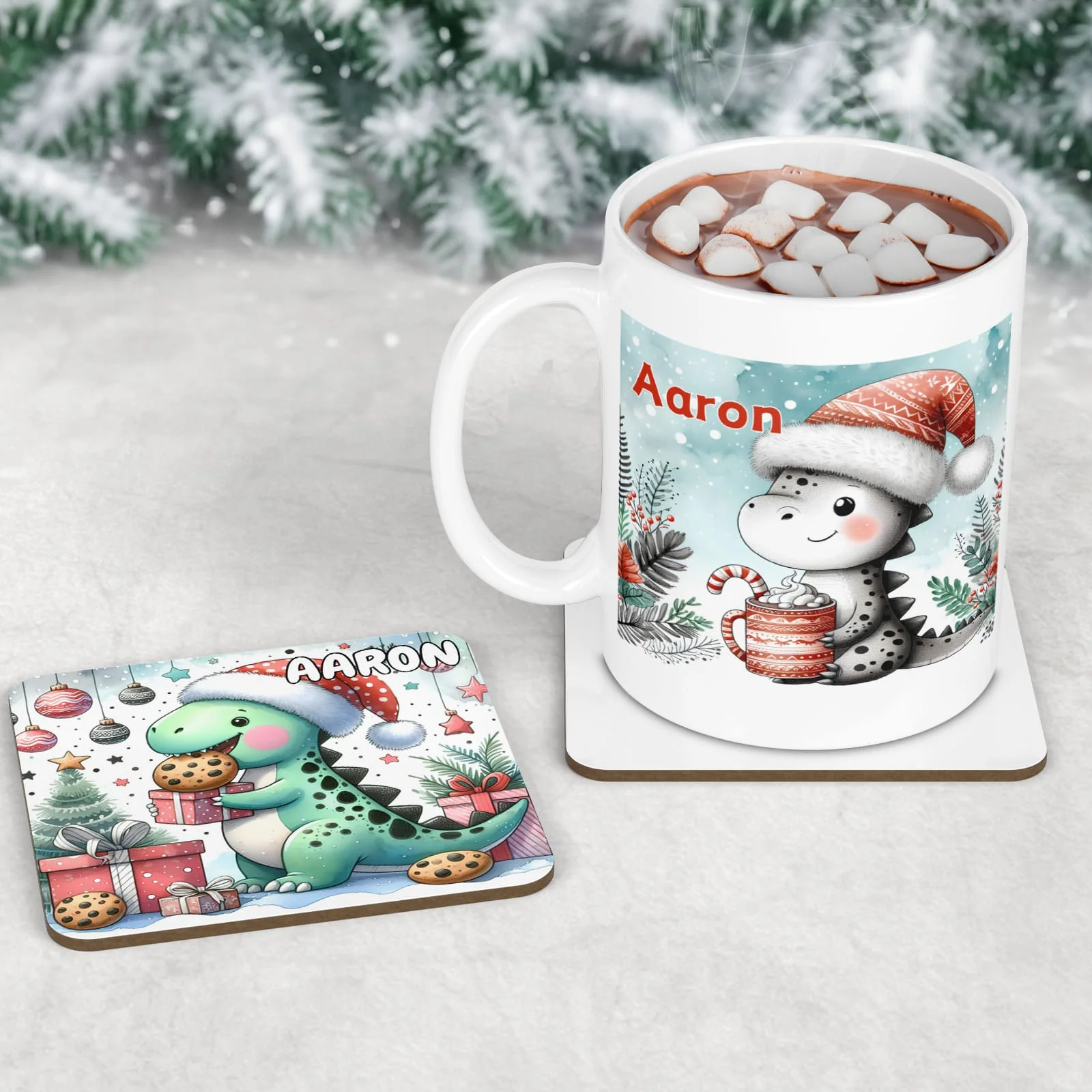 Personalised Kids Christmas Table Set | Christmas Dinosaur Placemat, Coaster & Mug - Image 3