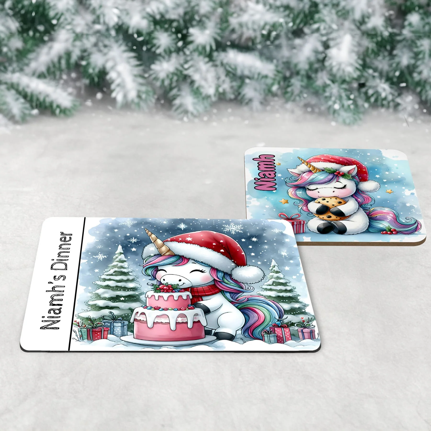Personalised Kids Christmas Table Set | Christmas Unicorn Placemat, Coaster & Mug - Image 3