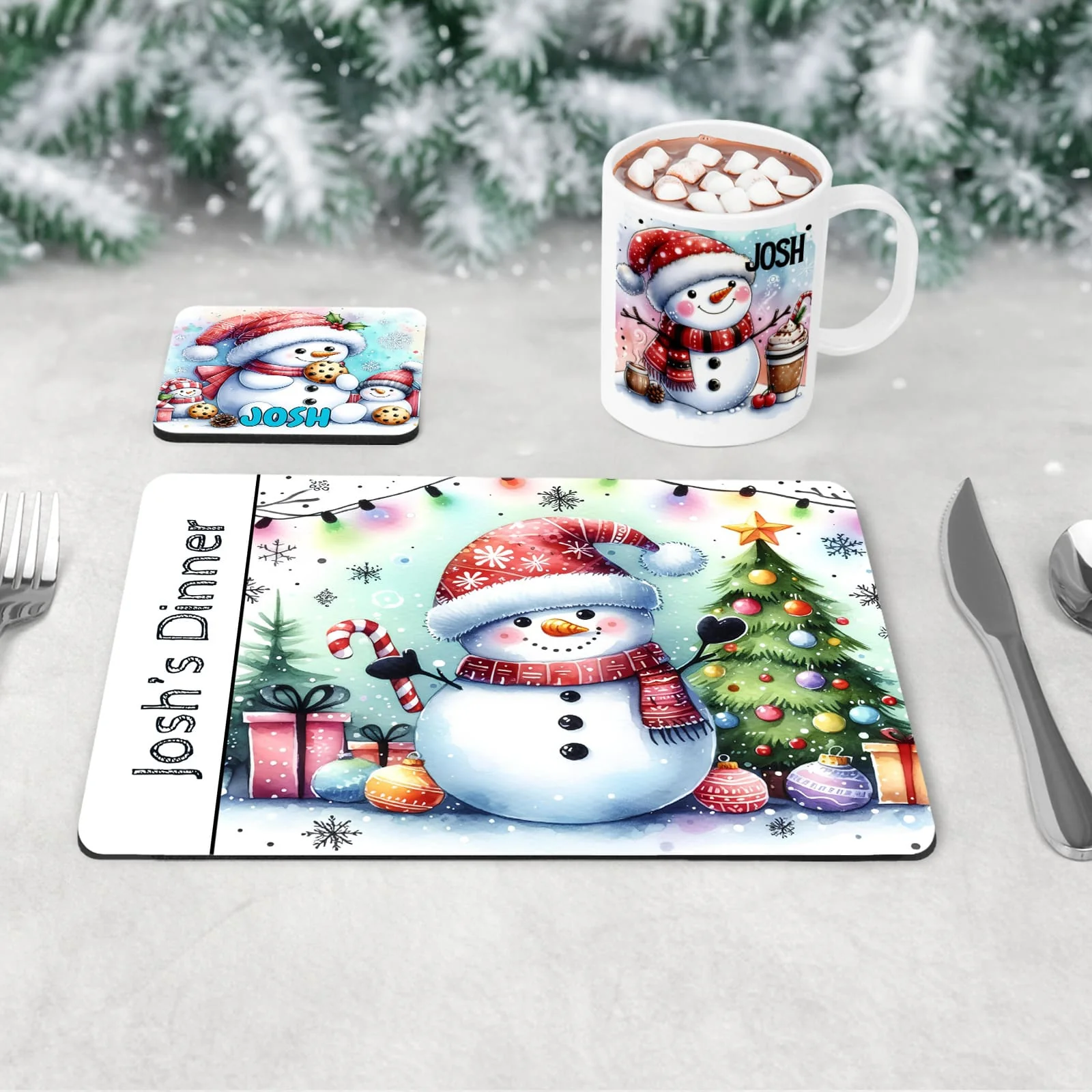 Personalised Kids Christmas Table Set | Colourful Snowman Placemat, Coaster & Mug