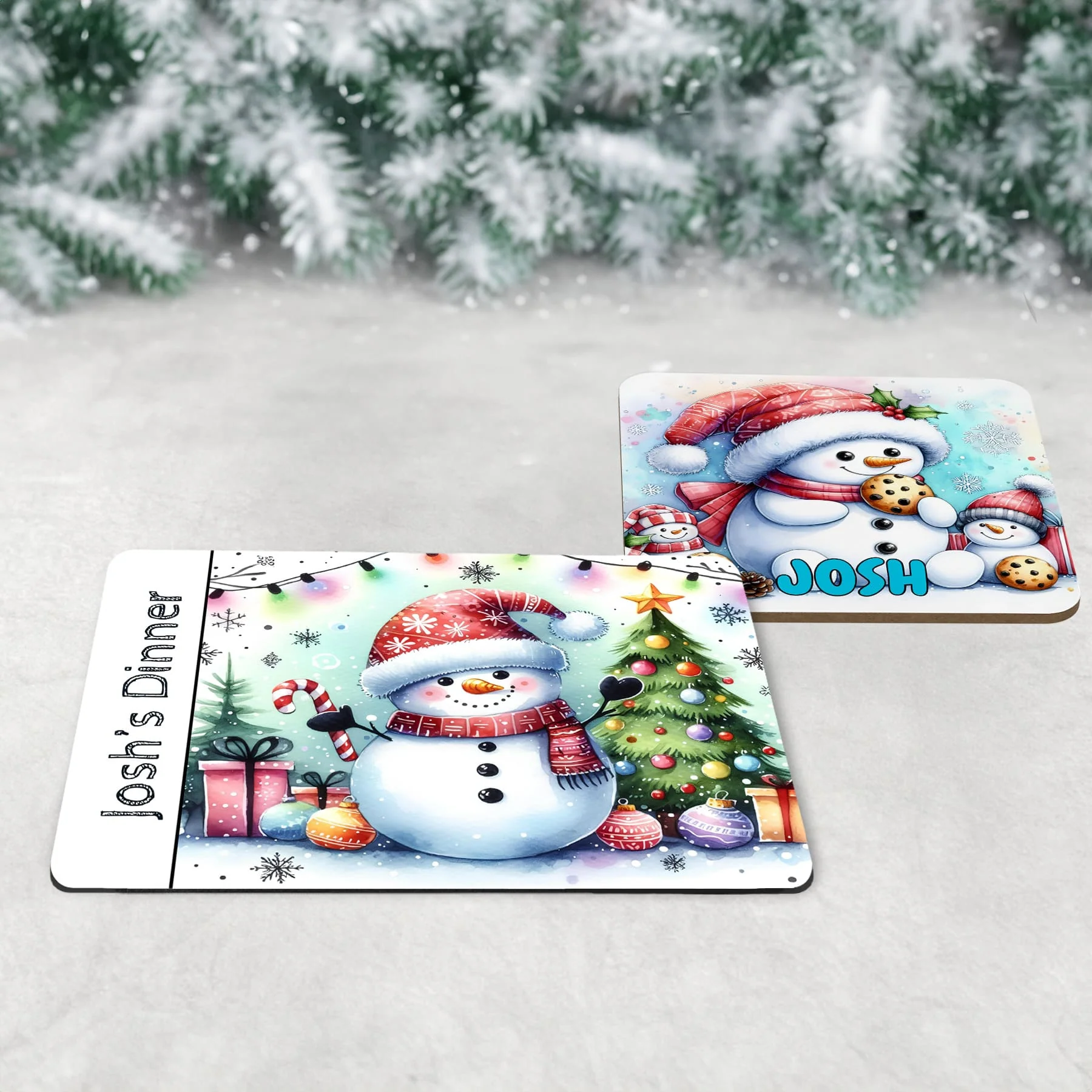 Personalised Kids Christmas Table Set | Colourful Snowman Placemat, Coaster & Mug - Image 2