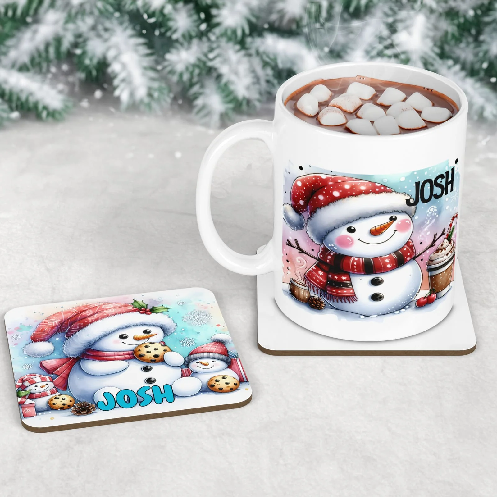 Personalised Kids Christmas Table Set | Colourful Snowman Placemat, Coaster & Mug - Image 3