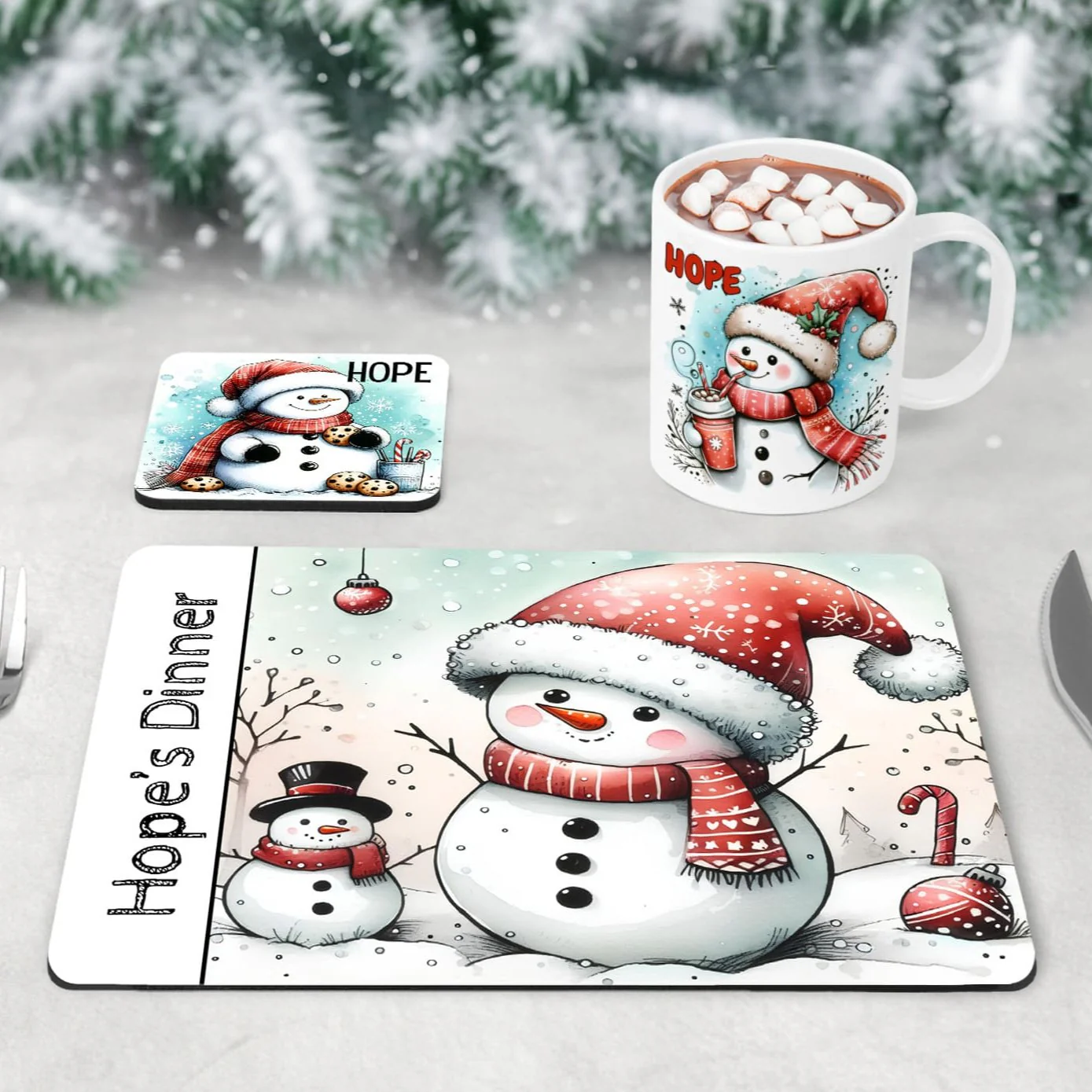 Personalised Kids Christmas Table Set | Cute Snowman Placemat, Coaster & Mug
