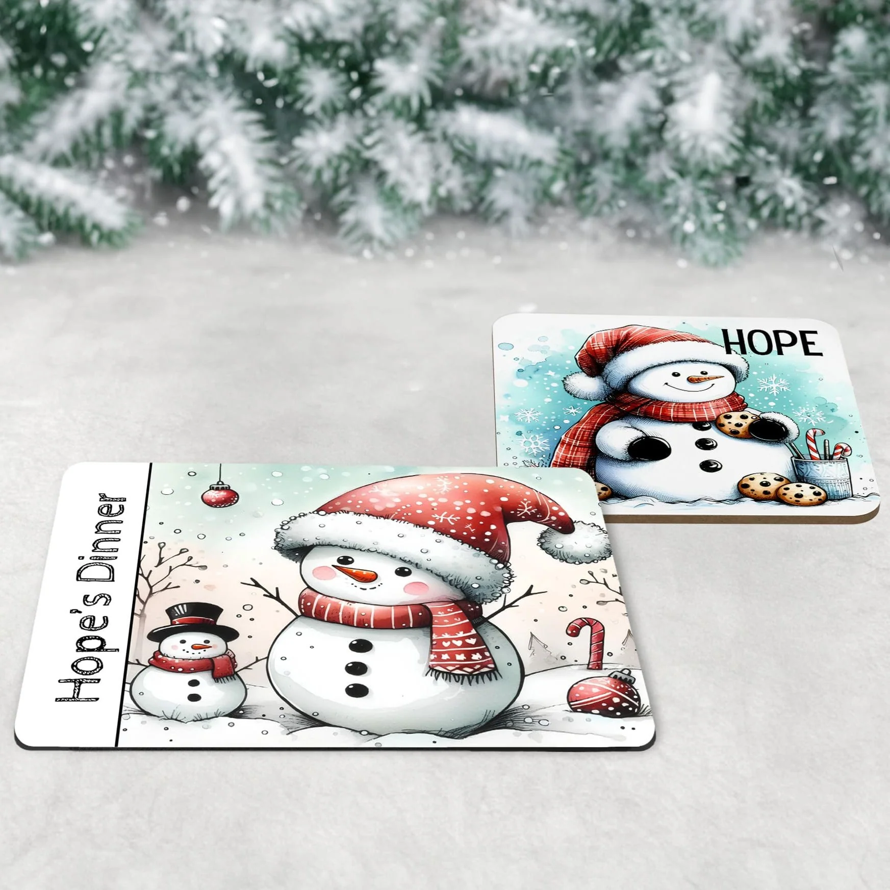 Personalised Kids Christmas Table Set | Cute Snowman Placemat, Coaster & Mug - Image 2