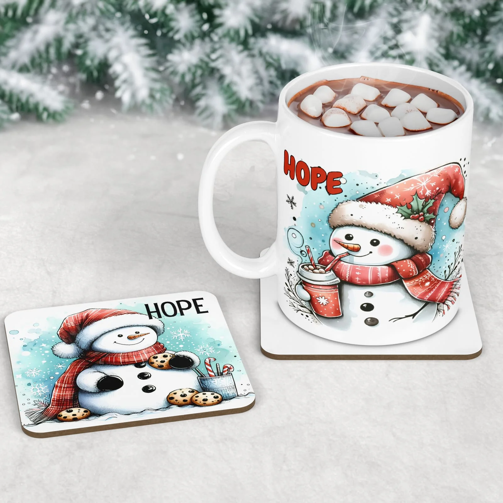 Personalised Kids Christmas Table Set | Cute Snowman Placemat, Coaster & Mug - Image 3