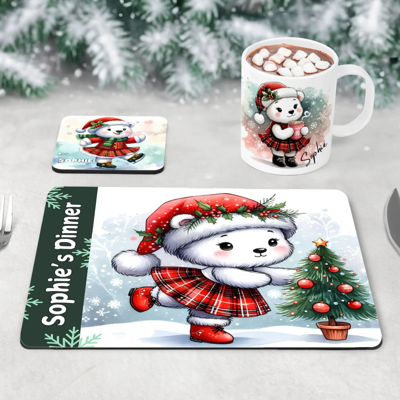 Personalised Kids Christmas Table Set | Highland Dancer Placemat, Coaster & Mug