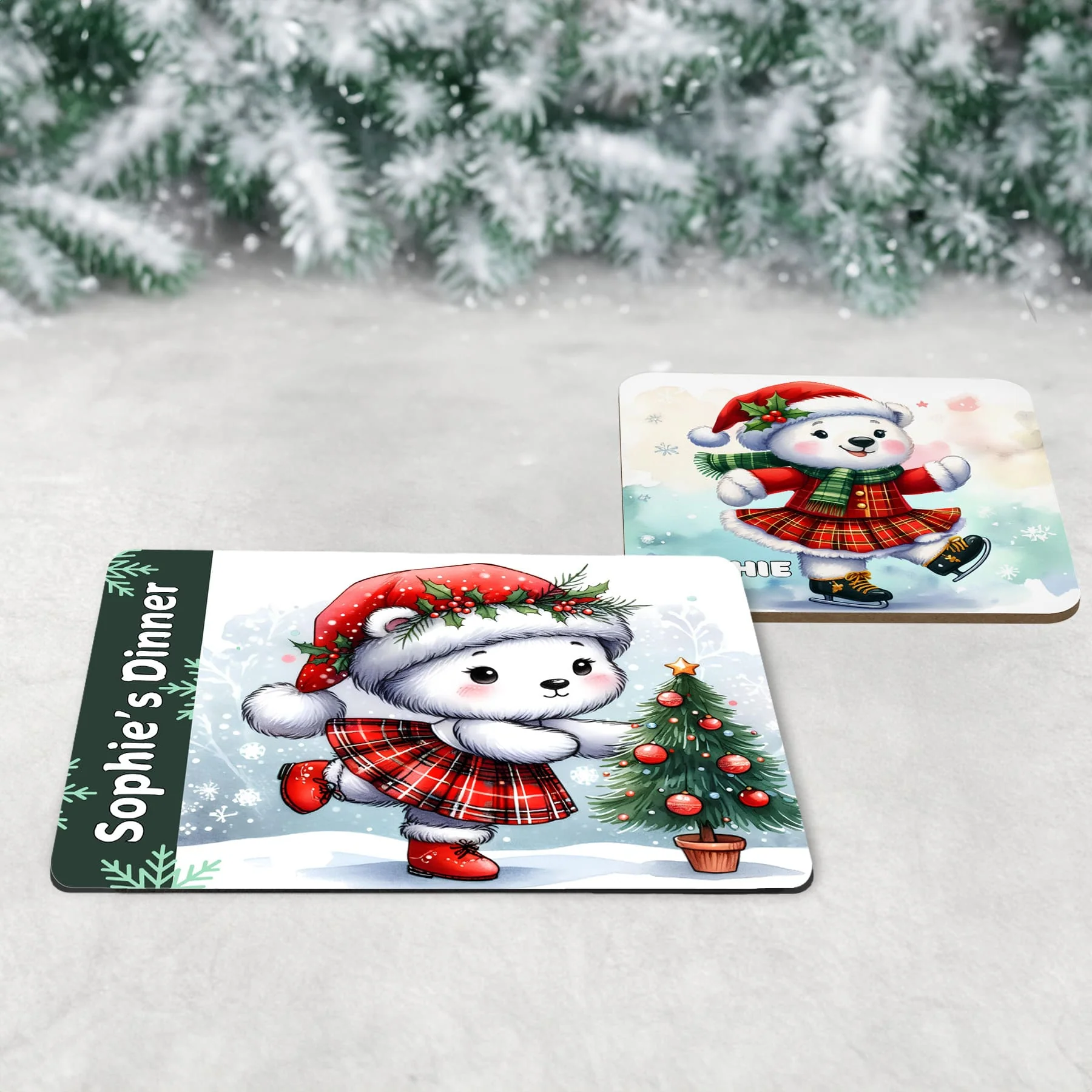 Personalised Kids Christmas Table Set | Highland Dancer Placemat, Coaster & Mug - Image 2