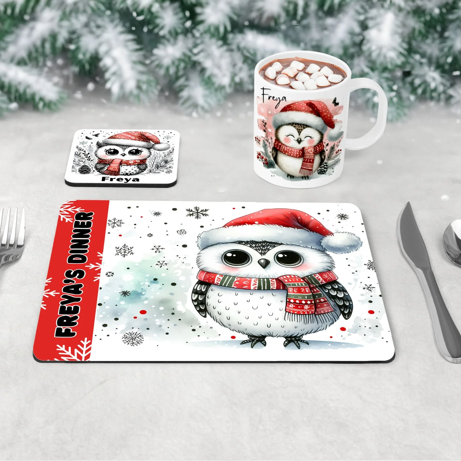 Personalised Kids Christmas Tableware Set | Winter Owl Placemat, Coaster & Mug