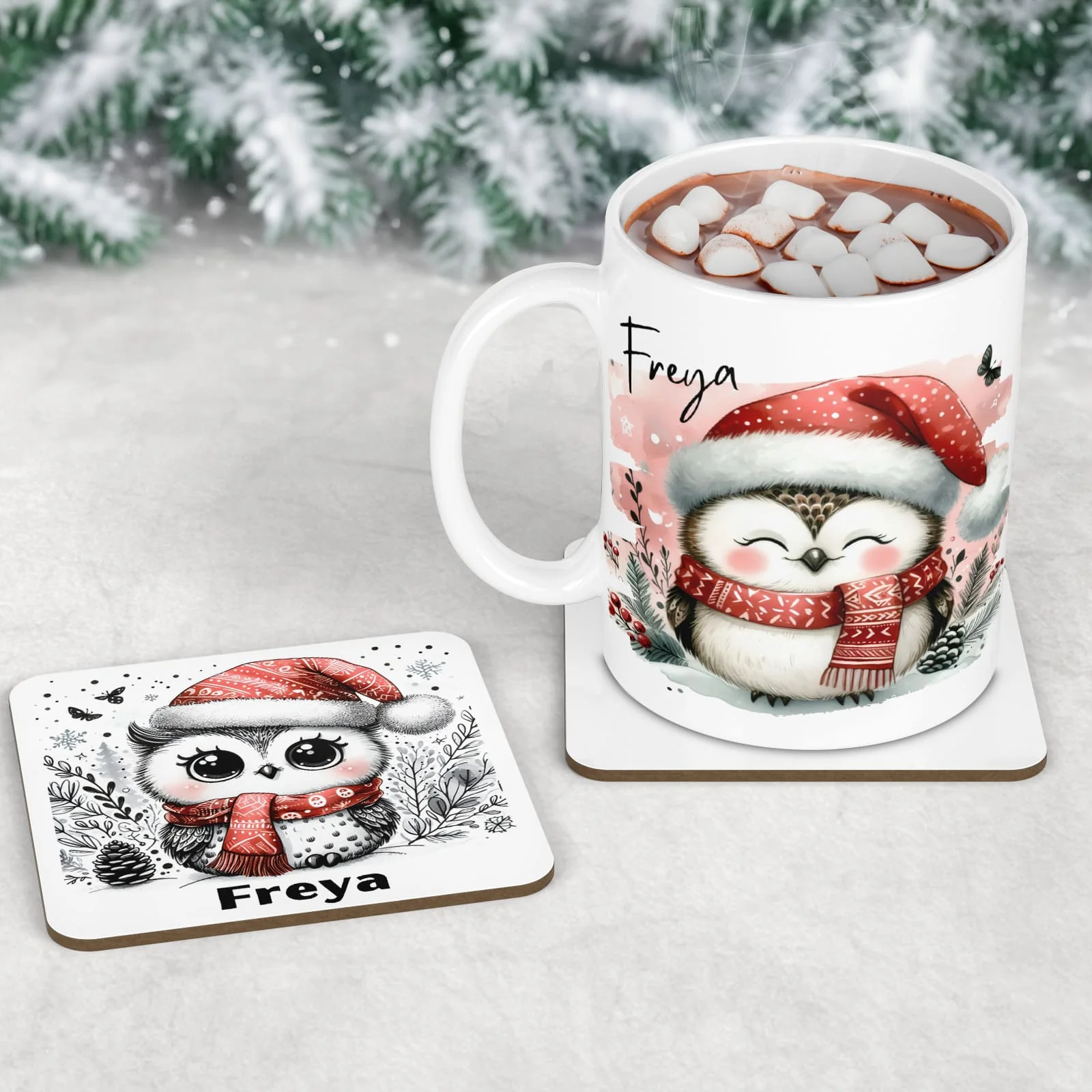 Personalised Kids Christmas Tableware Set | Winter Owl Placemat, Coaster & Mug - Image 2