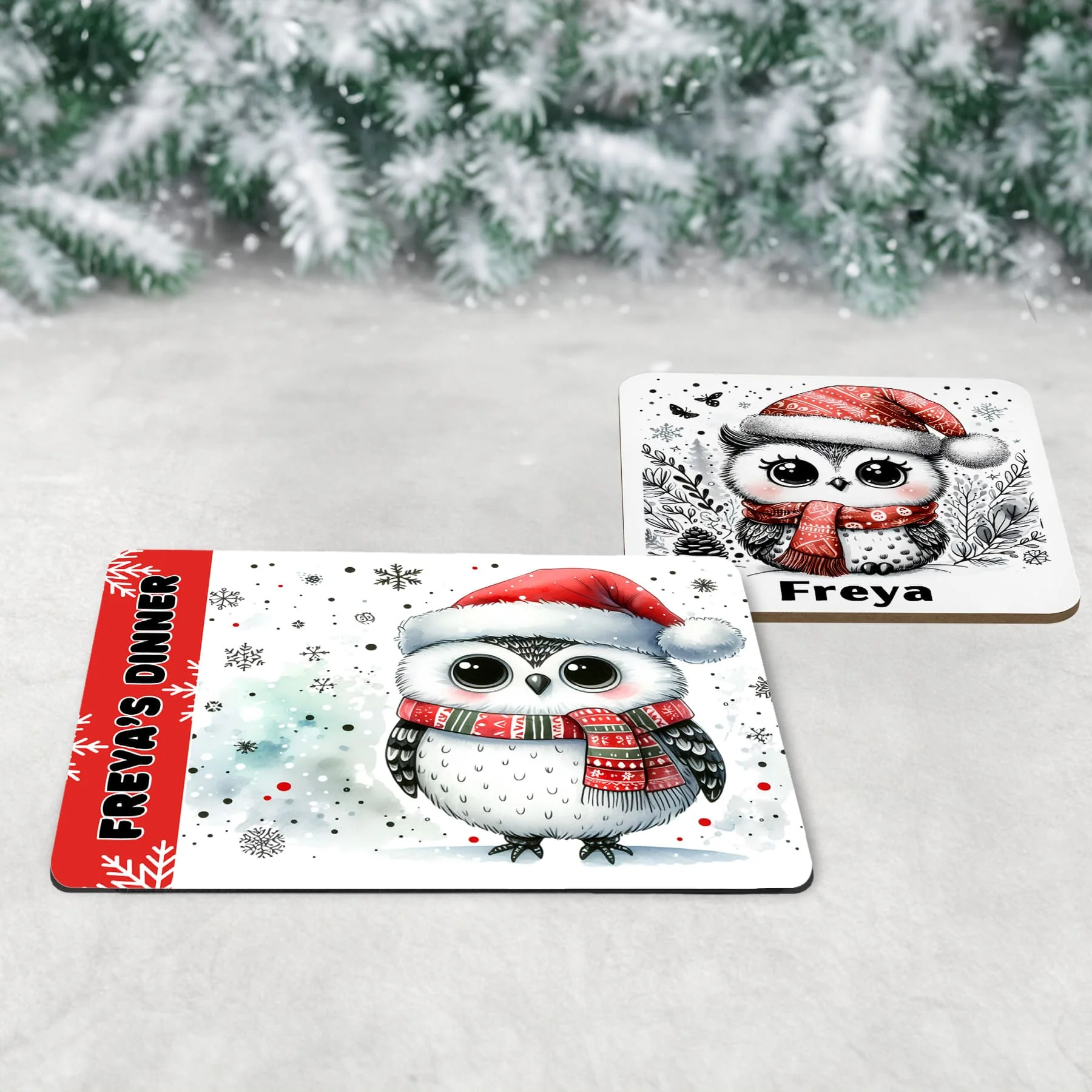 Personalised Kids Christmas Tableware Set | Winter Owl Placemat, Coaster & Mug - Image 3