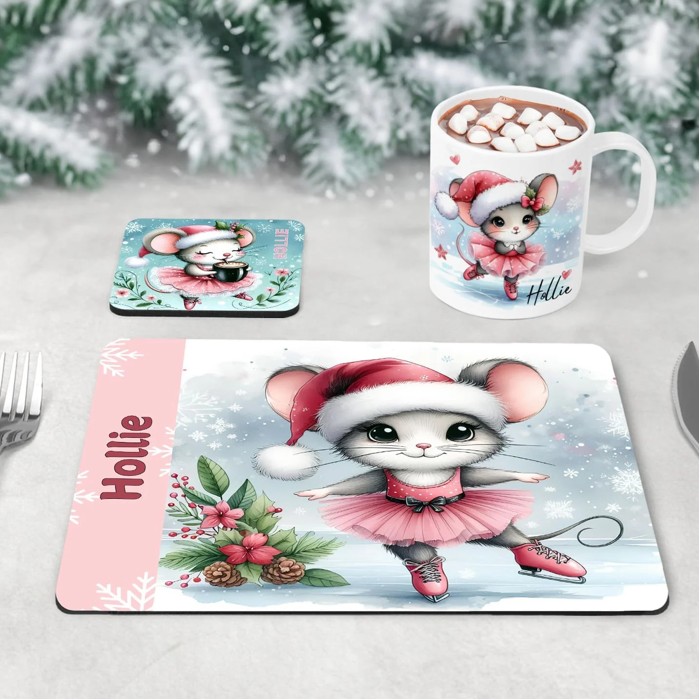 Personalised Kids Christmas Tableware Set | Christmas Ballerina Placemat, Coaster & Mug