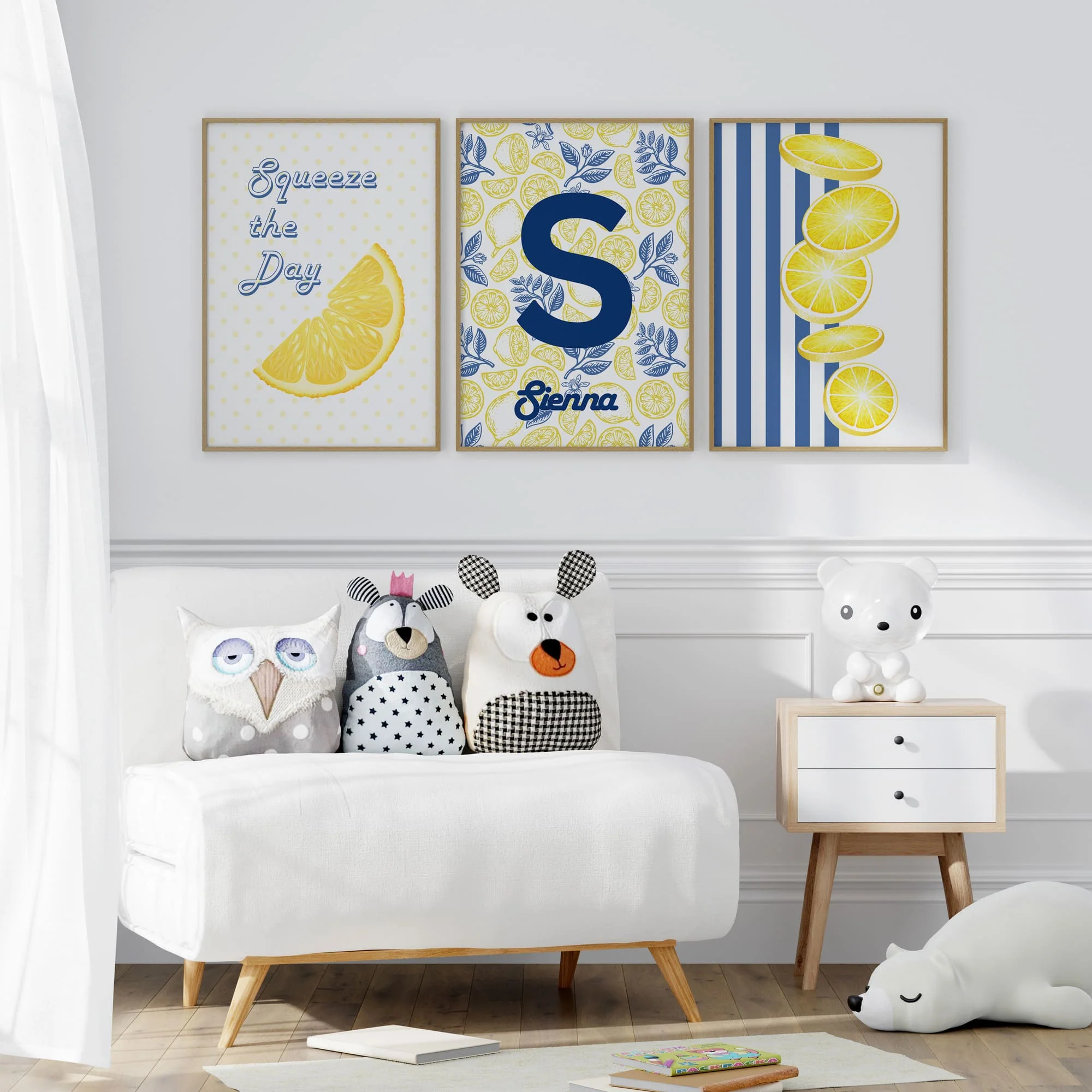 Personalised Lemon & Blue Nursery Print Set | Nursery Wall Art Set of 3