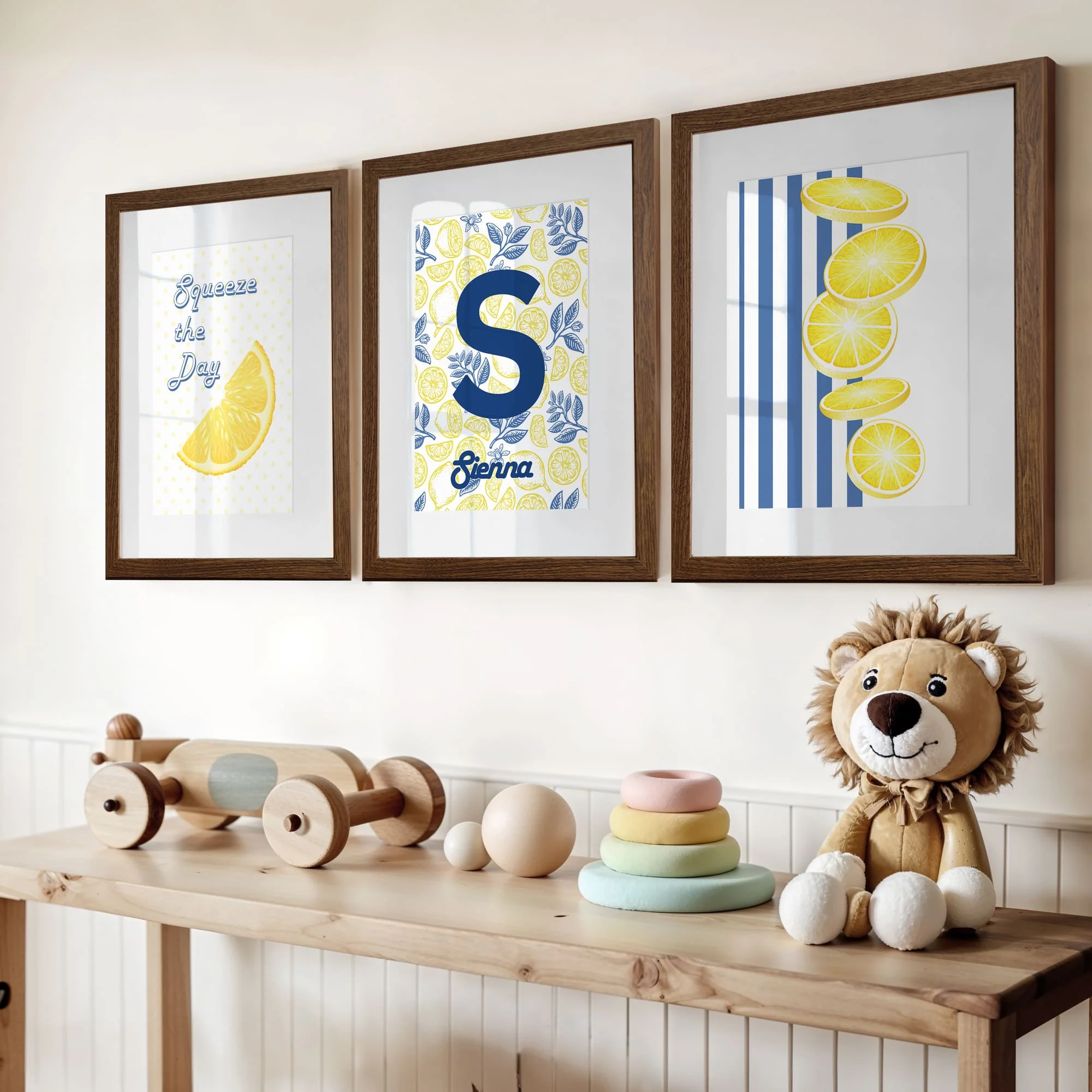 Personalised Lemon & Blue Nursery Print Set | Nursery Wall Art Set of 3 - Image 2