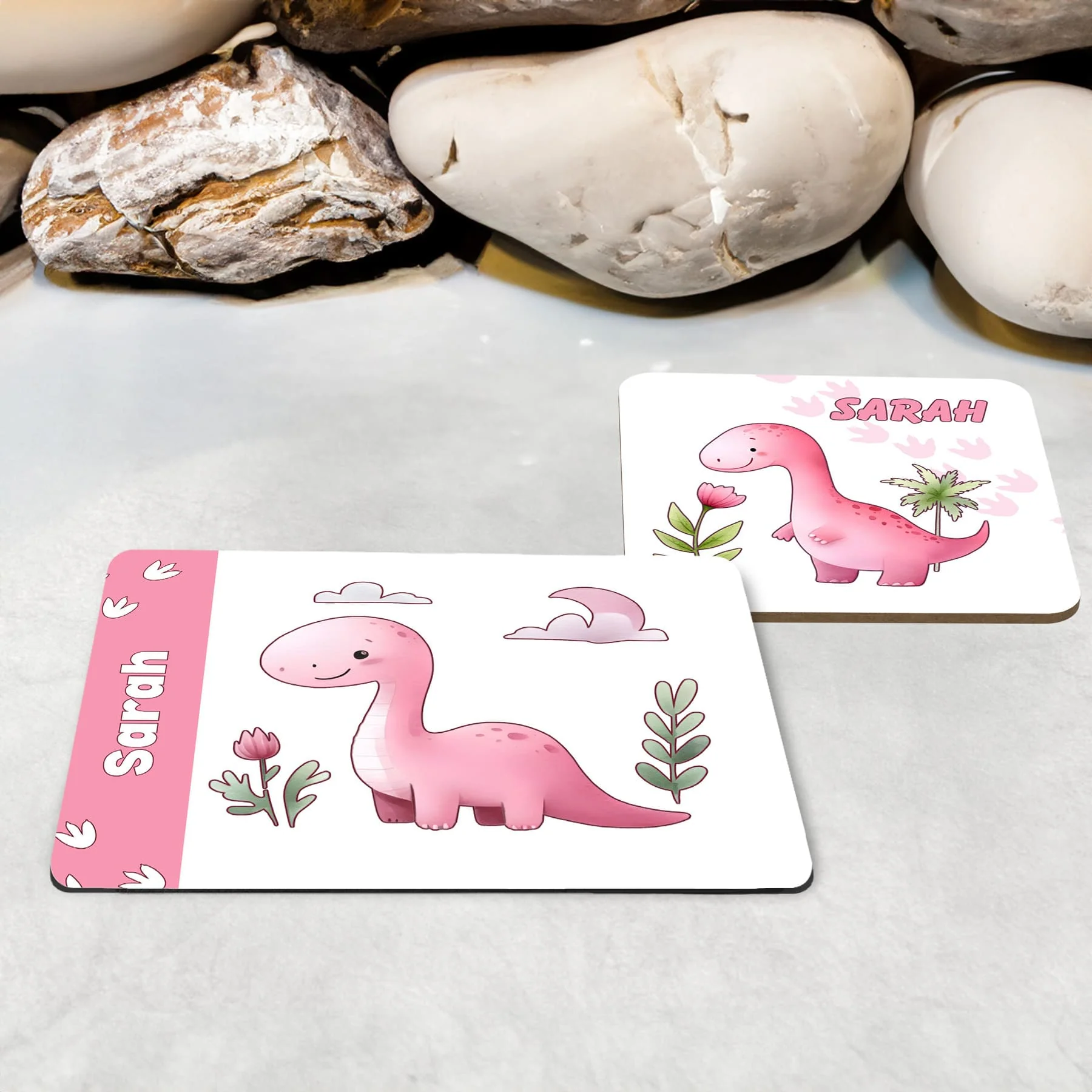 Pink Dinosaur Personalised Mug, Coaster & Placemat Set - Image 3