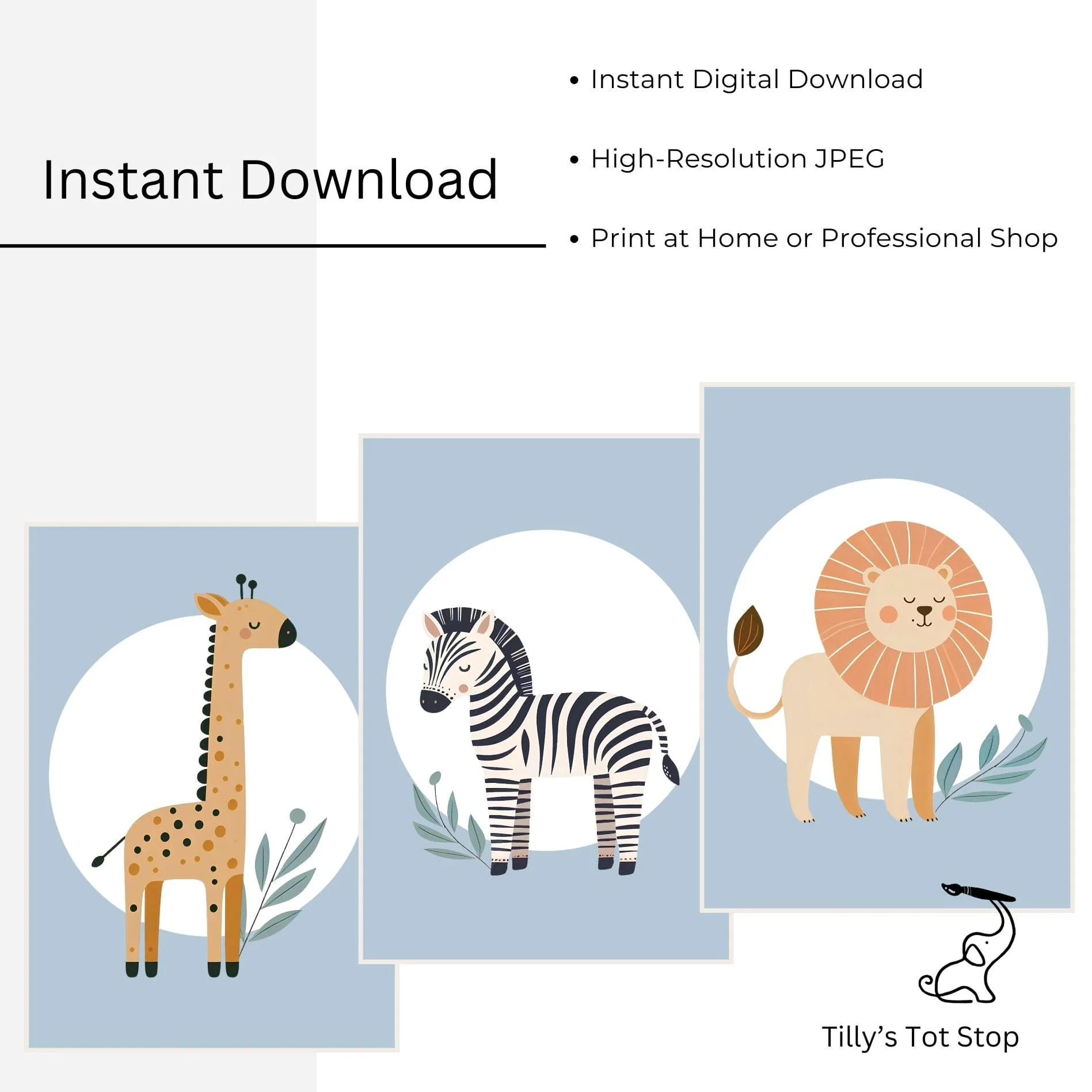 Printable Blue Minimalist Safari Nursery Wall Art - Instant Download - Image 3