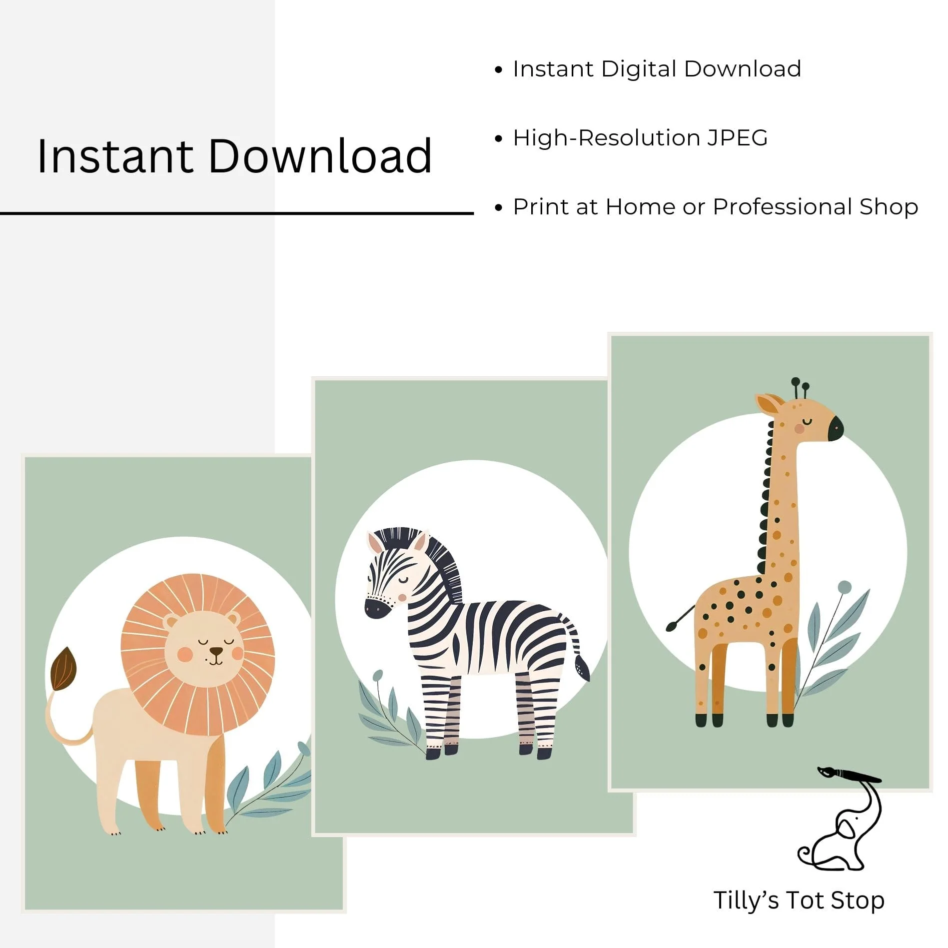 Printable Green Minimalist Safari Nursery Wall Art - Instant Download - Image 3
