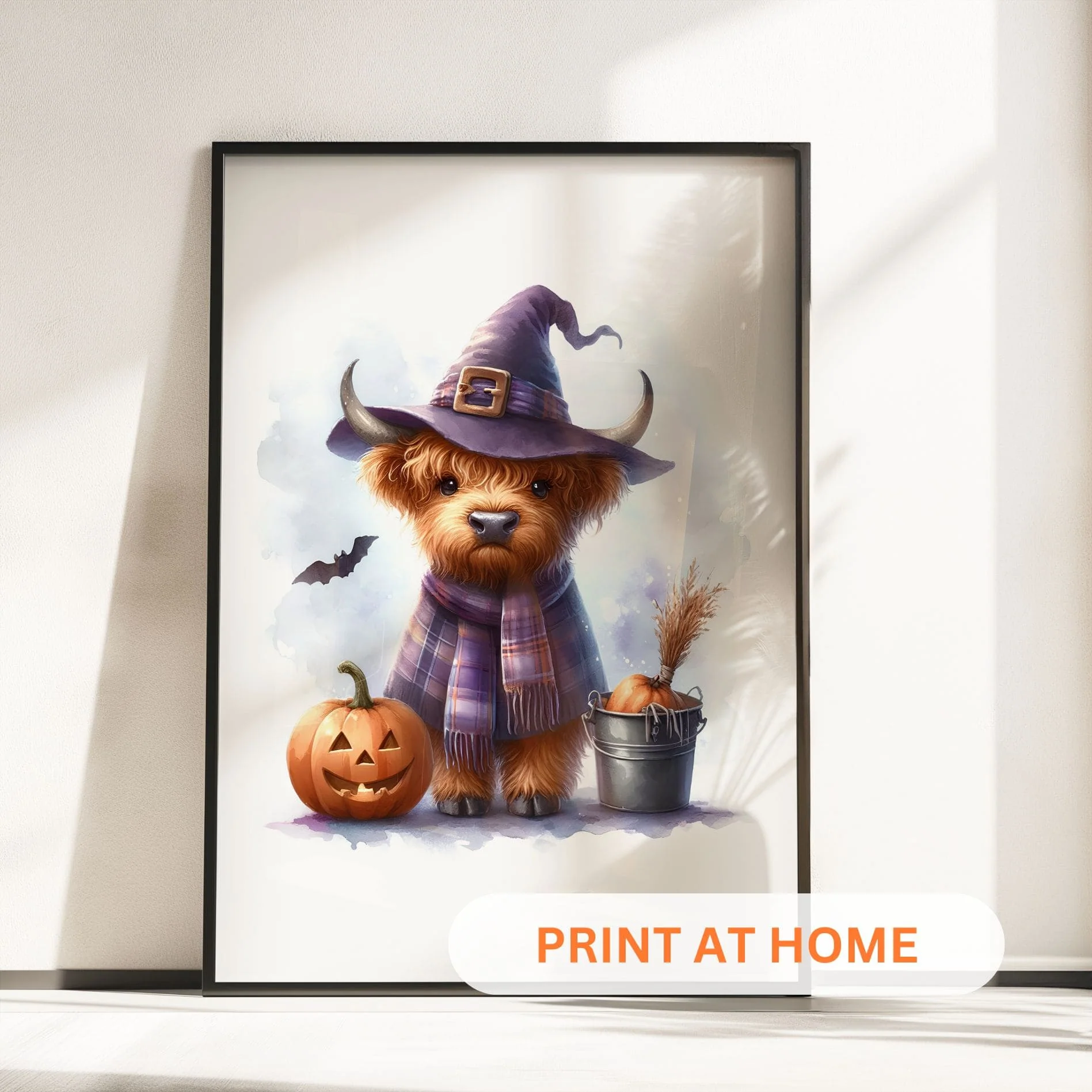 Printable Highland Cow Halloween Wall Art - Pumpkin, Witch & Ghost Set - Image 3