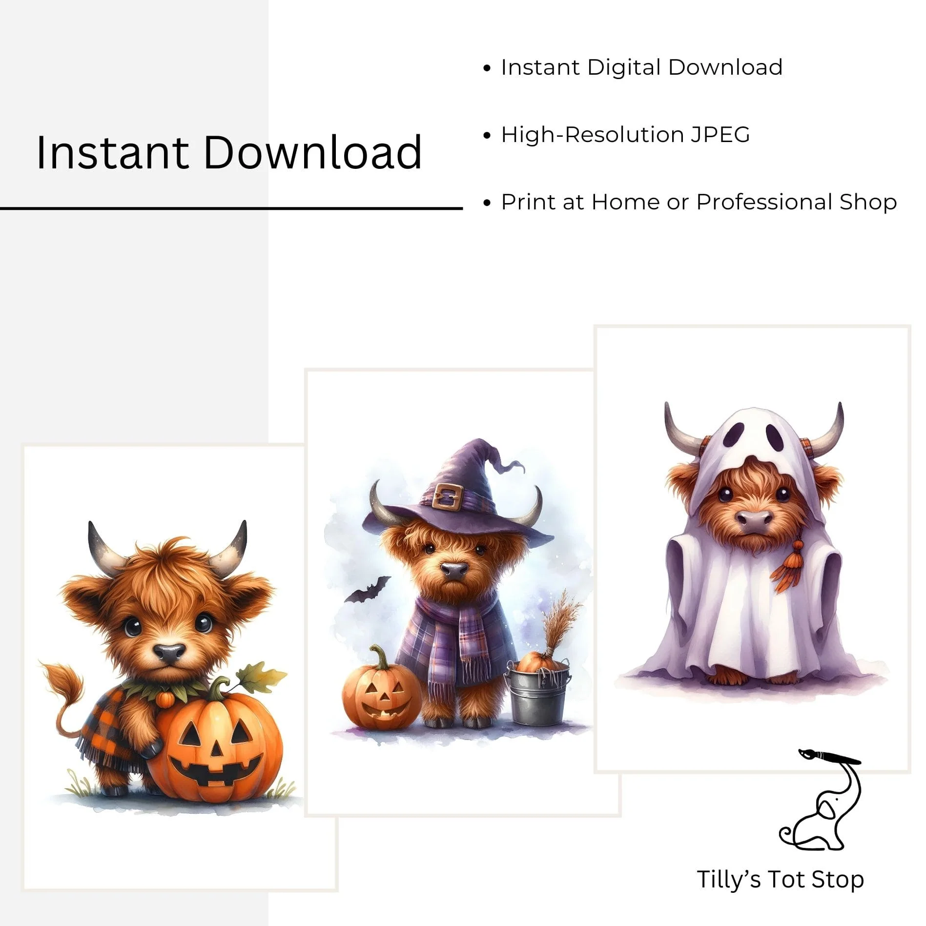 Printable Highland Cow Halloween Wall Art - Pumpkin, Witch & Ghost Set - Image 5