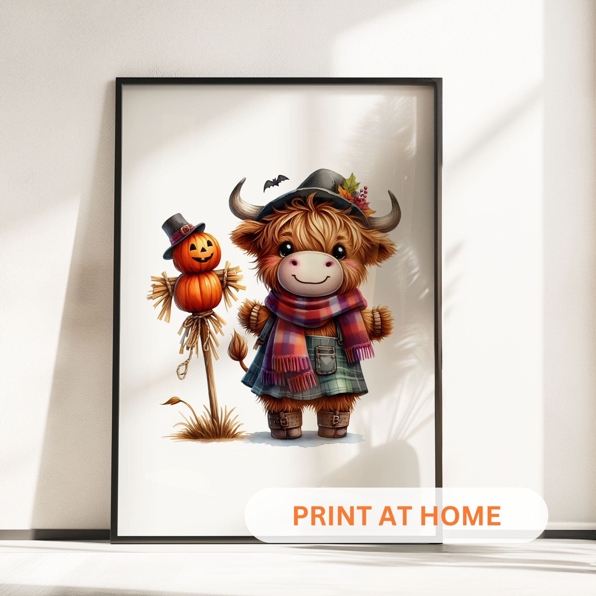Printable Highland Cow Halloween Wall Art – Witch, Pumpkin & Scarecrow Set - Image 3