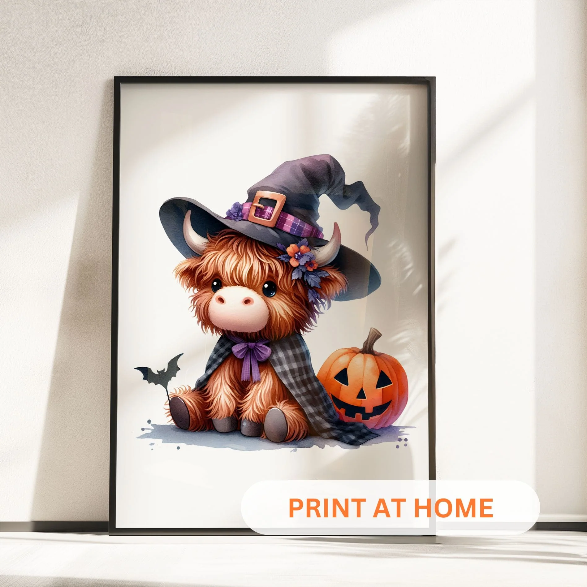Printable Highland Cow Halloween Wall Art – Witch, Pumpkin & Scarecrow Set - Image 4