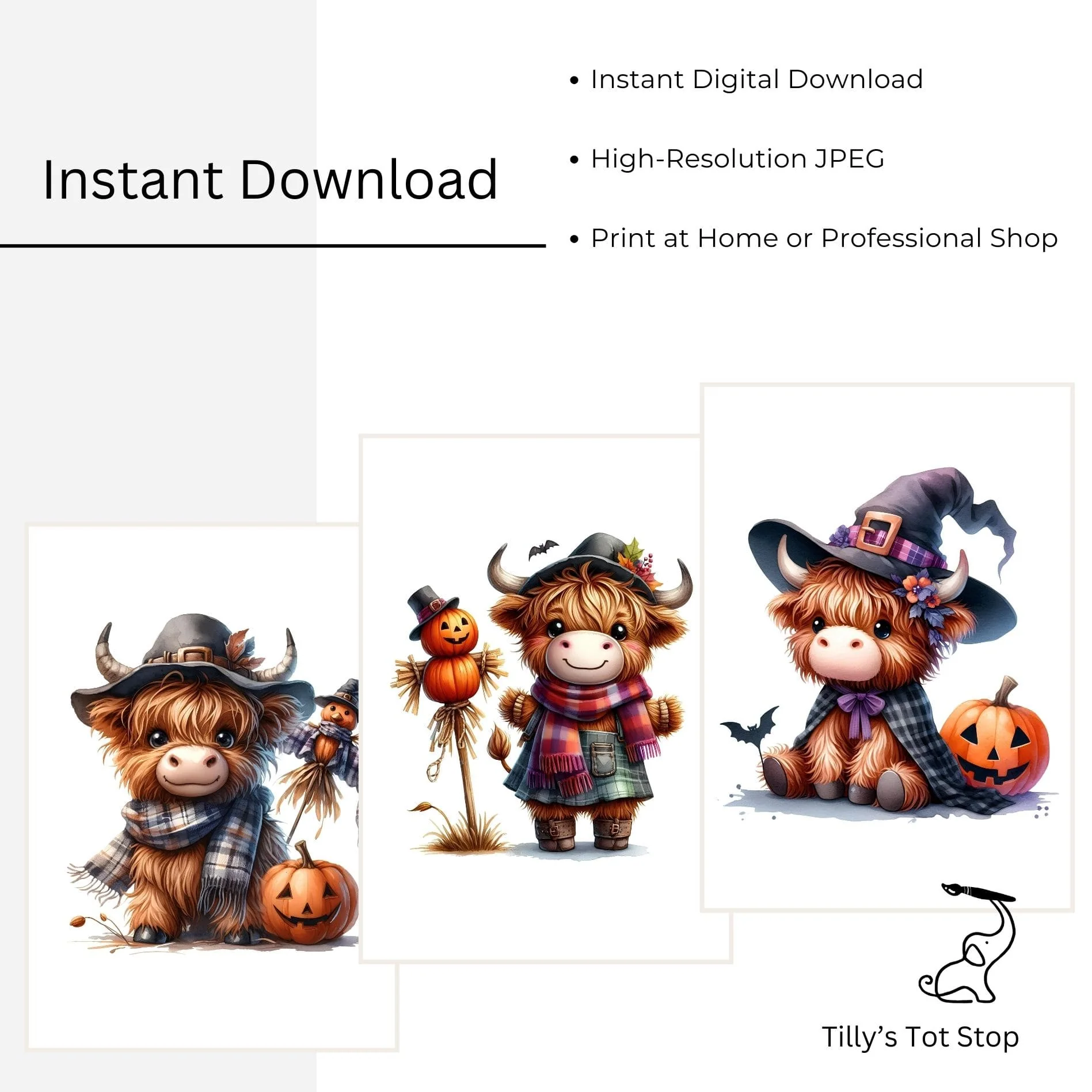 Printable Highland Cow Halloween Wall Art – Witch, Pumpkin & Scarecrow Set - Image 5
