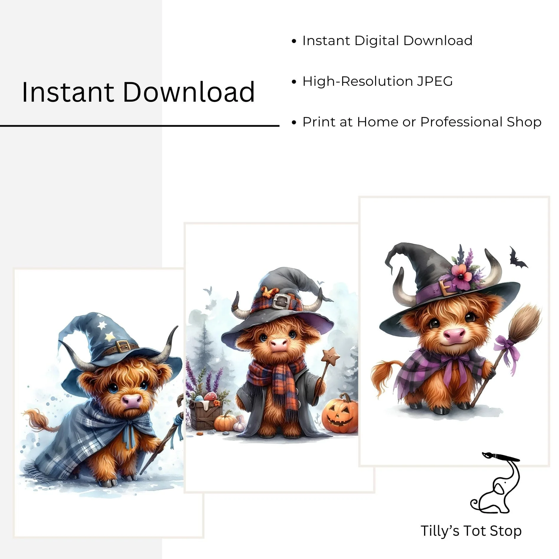 Printable Highland Cow Witch Halloween Wall Art - Set of 3 Digital Prints - Image 5