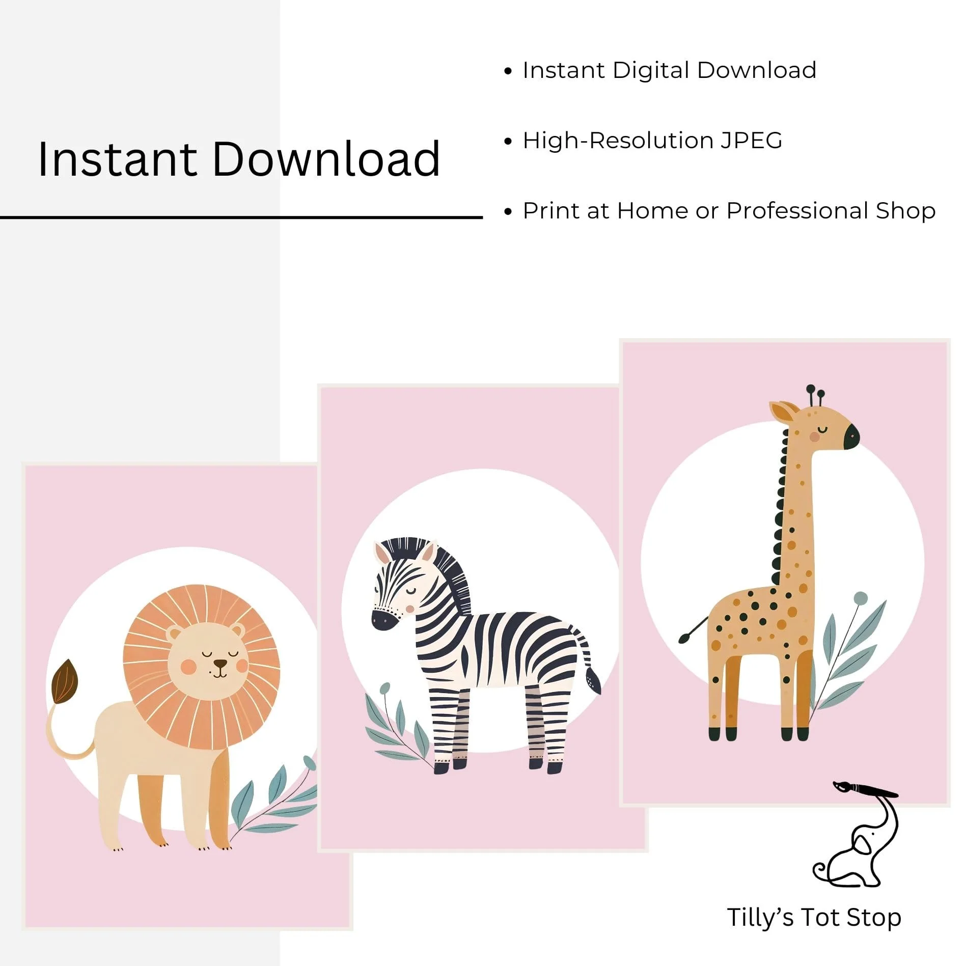 Printable Pink Minimalist Safari Nursery Wall Art - Instant Download - Image 3