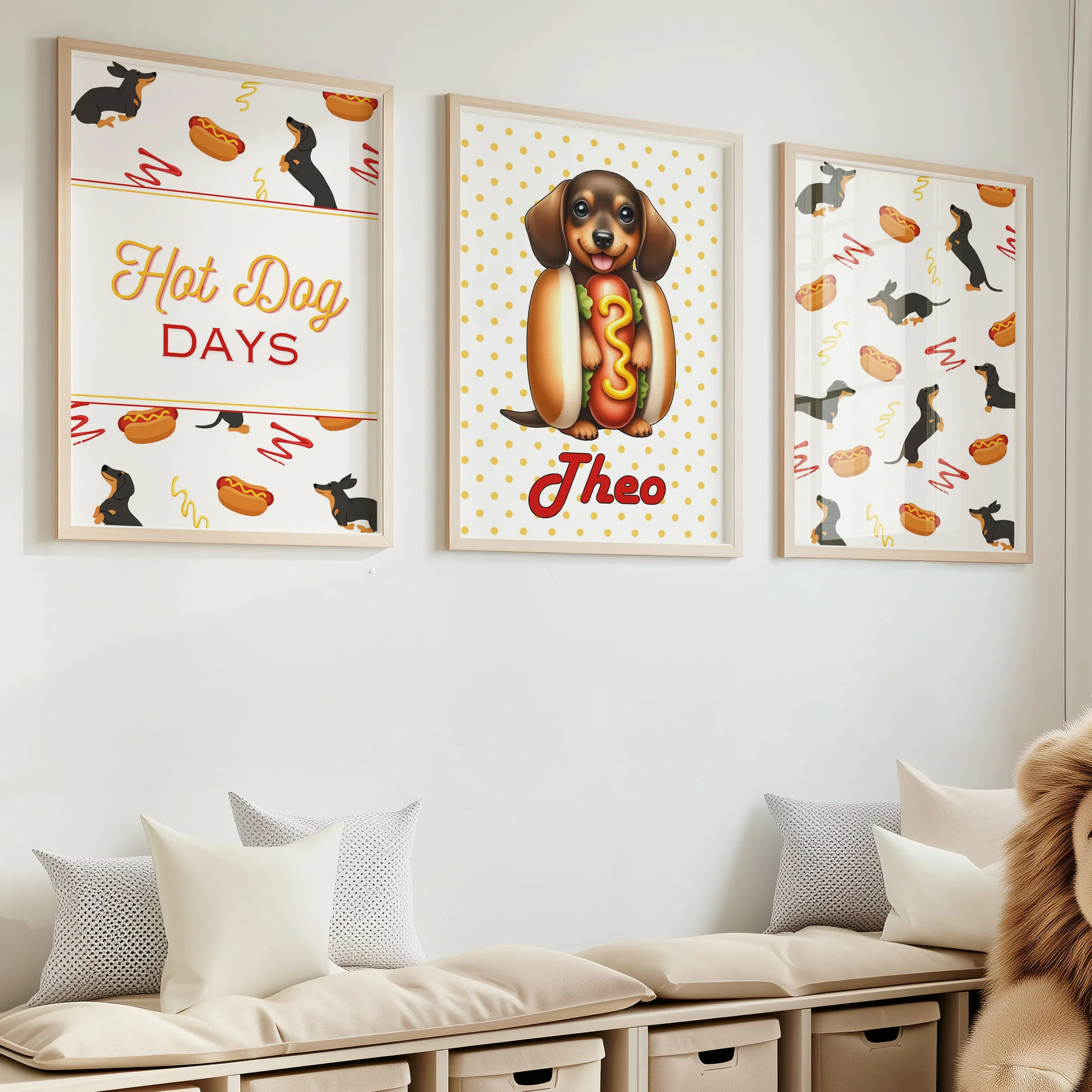 Retro Dachshund Nursery Wall Art | Set of 3 Personalised “Hot Dog Days” Prints - Image 2