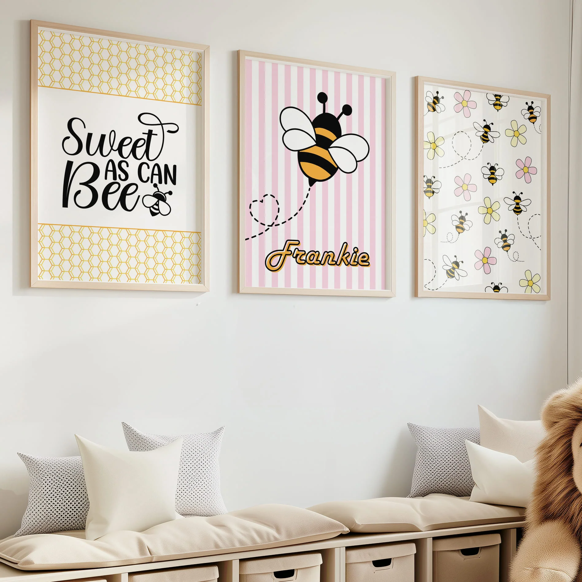 Retro Pink Bumble Bee Nursery Wall Art | Set of 3 Personalised Prints - Image 2