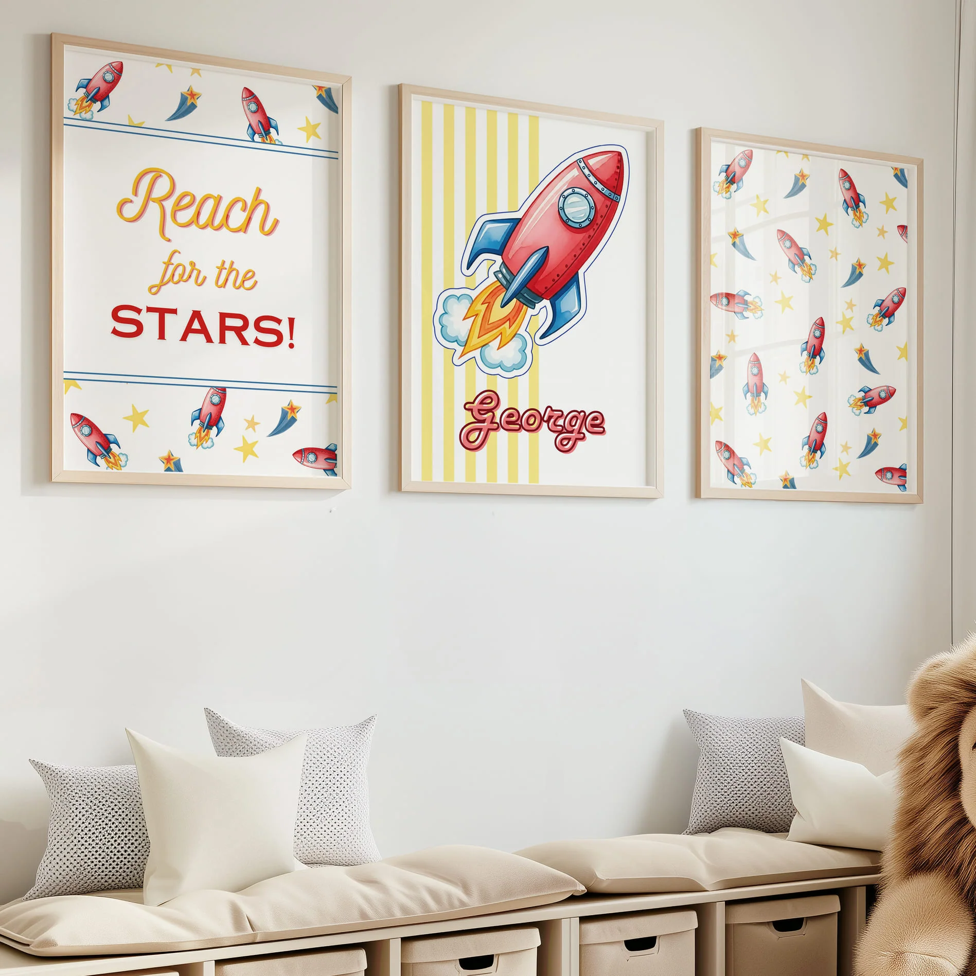 Retro Rocket Ship Nursery Wall Art | Set of 3 Personalised Space Prints - Image 2