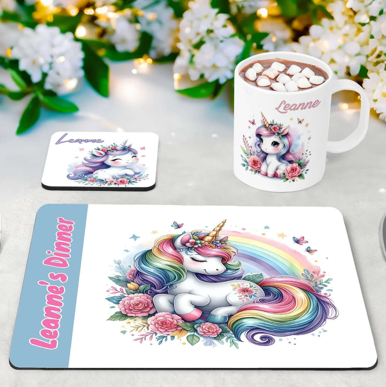 Whimsical Unicorn Placemat Mug & Coaster Gift Set – Custom with Name - Image 3